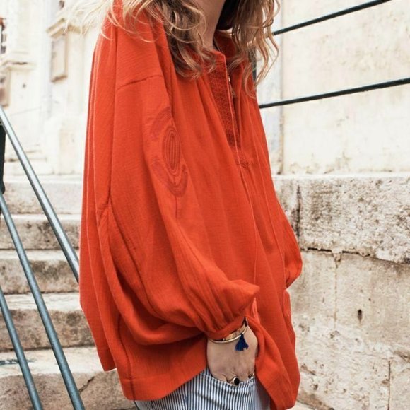 boho peasant tunic red top blouse popover XXS XS - Picture 6 of 12